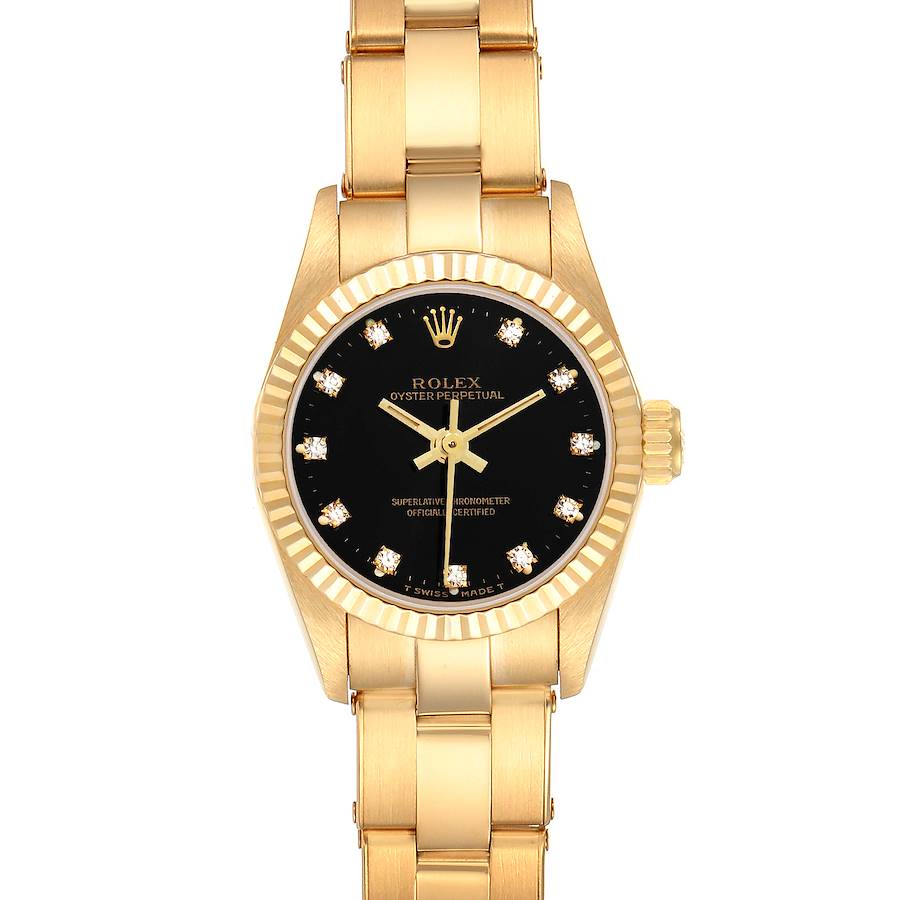 This front-view image shows the face and bracelet of the Rolex Pearlmaster 67198 Women's Yellow Gold Black Dial 67198 Women's Yellow Gold Black Dial watch.