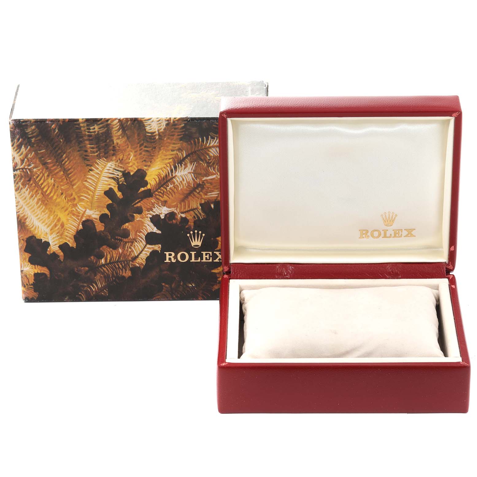 The image shows a Rolex Pearlmaster 67198 Women's Yellow Gold Black Dial 67198 Women's Yellow Gold Black Dial watch box opened, revealing its cushion inside, with a Rolex-branded outer box in the background.