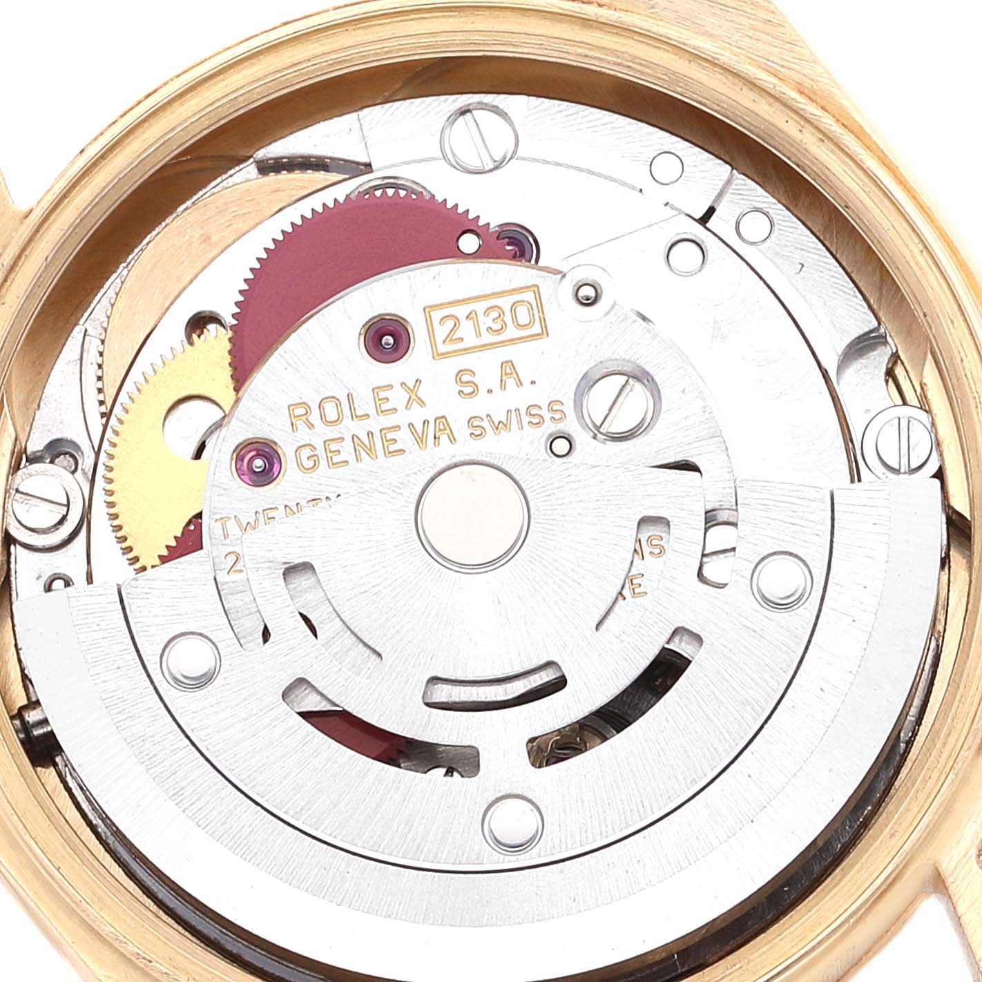 The image shows the internal mechanism of a Rolex Pearlmaster 67198 Women's Yellow Gold Black Dial 67198 Women's Yellow Gold Black Dial watch from a straight-on angle.