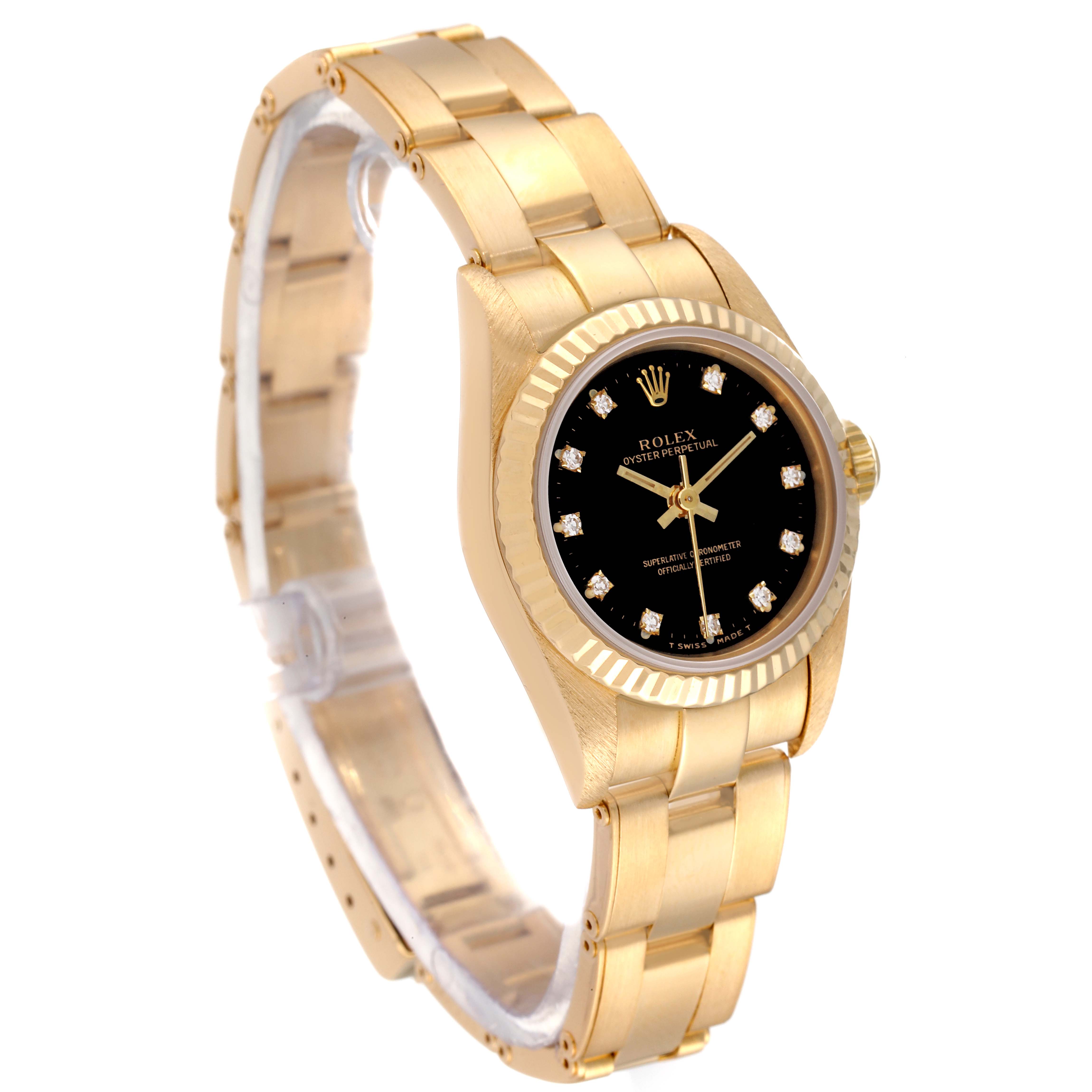 The image shows a Rolex Pearlmaster 67198 Women's Yellow Gold Black Dial 67198 Women's Yellow Gold Black Dial watch from an angled side view, highlighting the bracelet, case, and dial.