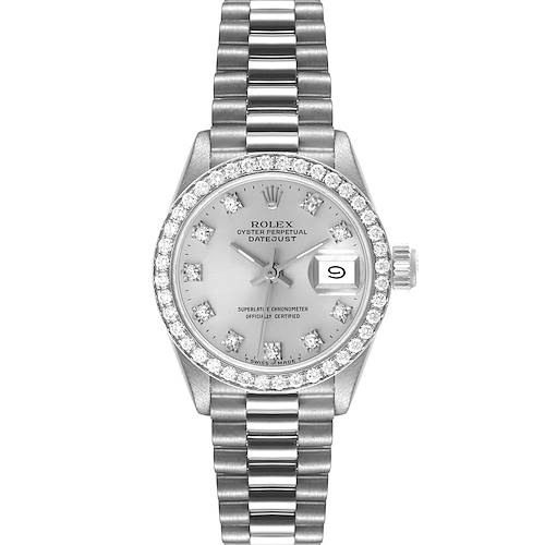 The image shows a Rolex President 69136 Women's Platinum Silver Dial 69136 Women's Platinum Silver Dial model watch from a top-down angle, highlighting its face, bezel, and bracelet.