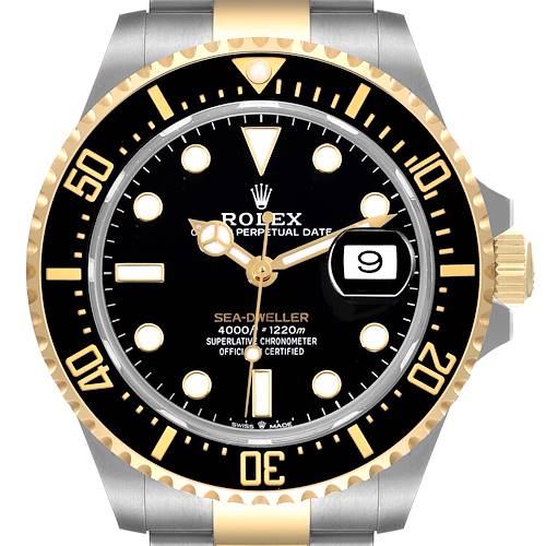 This image shows a front view of a Rolex Sea-Dweller 126603 Men's Steel and Gold (two tone) Black Dial 126603 Men's Steel and Gold (two tone) Black Dial watch, highlighting the bezel, dial, hands, date window, and part of the bracelet.