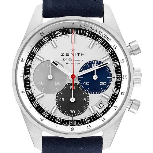 The image shows a front view of the Zenith Chronomaster 03.3200.3600 Men's Stainless Steel White Dial 03.3200.3600 Men's Stainless Steel White Dial watch highlighting its dial, sub-dials, and pushers.