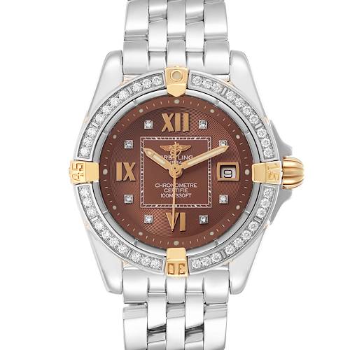The Breitling B71356 Women's Steel and Gold (two tone) Orange Dial Cockpit Steel Bronze Diamond Bezel Dial Ladies Watch B71356 is shown from a front angle, highlighting its dial and bracelet.