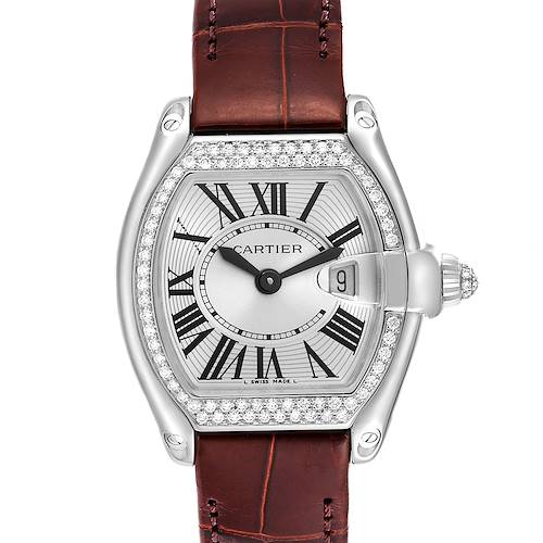 This image shows a front view of the Cartier Roadster WE500260 Women's White Gold Silver Dial WE500260 Women's White Gold Silver Dial watch, highlighting its dial, bezel, and leather strap.