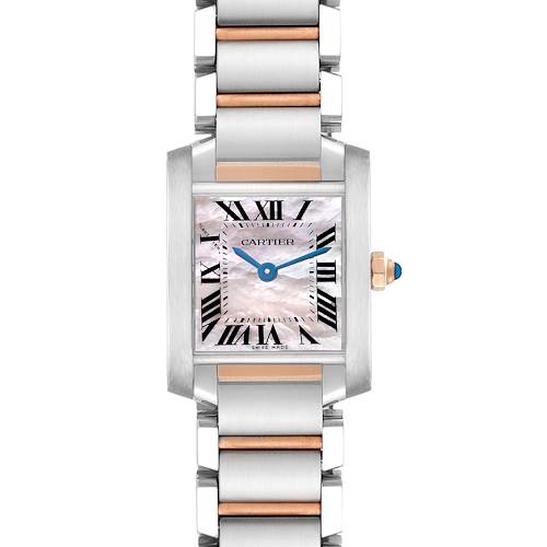 The Cartier Tank Francaise W51027Q4 Women's Steel and Gold (two tone) Mother of Pearl Dial watch is shown from the front, highlighting its dial and bracelet.
