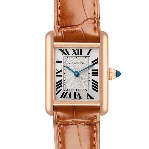 The Cartier Tank Louis WGTA0010 Women's Rose Gold Silver Dial watch is shown from the front, highlighting its rectangular face, Roman numerals, and leather strap.