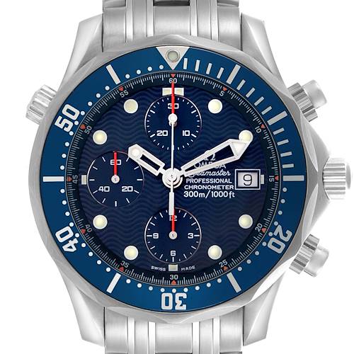 The image shows a front view of the Omega Seamaster 2599.80.00 Men's Stainless Steel Blue Dial watch, highlighting the dial, bezel, chronograph sub-dials, and bracelet.