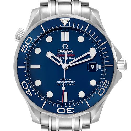 The Omega Seamaster 212.30.41.20.03.001 Men's Stainless Steel Blue Dial watch is shown from a top-down angle, highlighting the blue dial, bezel, and stainless steel bracelet.