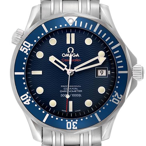 The Omega Seamaster 2220.80.00 Men's Stainless Steel Blue Dial watch is shown from a front angle, displaying its face, bezel, and a portion of the bracelet.
