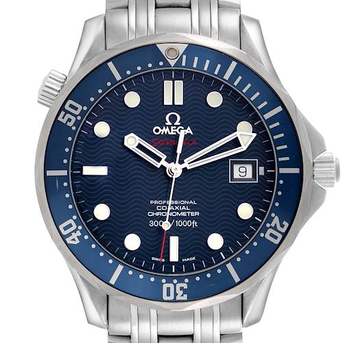 The Omega Seamaster 2220.80.00 Men's Stainless Steel Blue Dial is shown from the front, displaying the dial, bezel, crown, and part of the bracelet.