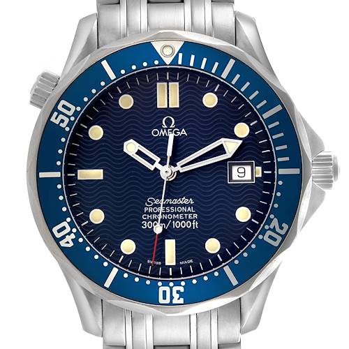 The Omega Seamaster 2531.80.00 Men's Stainless Steel Blue Dial watch is shown from the front, featuring the dial, bezel, hands, date window, and part of the bracelet.