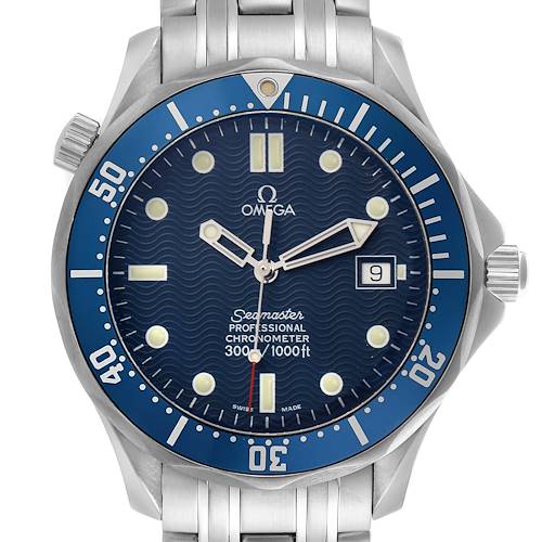 The image shows a frontal view of the Omega Seamaster 2531.80.00 Men's Stainless Steel Blue Dial, highlighting its blue dial, bezel, hands, and metal bracelet.