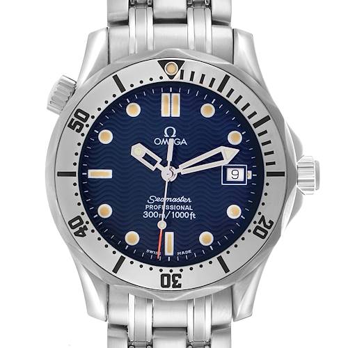 The Omega Seamaster 2562.80.00 Men's Stainless Steel Blue Dial watch is shown from the front, highlighting the bezel, dial, and bracelet.