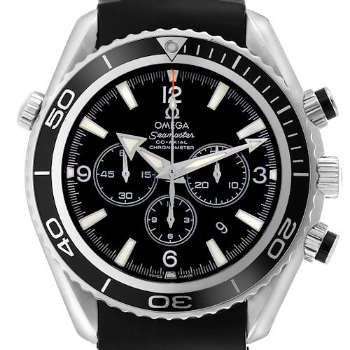The Omega Planet Ocean 2210.50.00 Men's Stainless Steel Black Dial watch is shown from the front, displaying the dial, bezel, and side pushers.