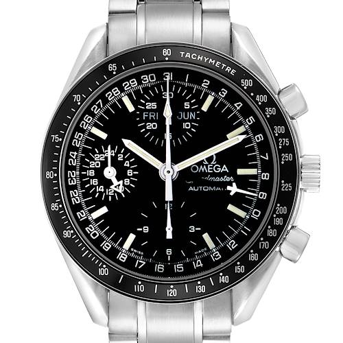 The Omega Speedmaster 3520.50.00 Men's Stainless Steel Black Dial watch is shown from a front angle, highlighting the bezel, dial, hands, subdials, and bracelet.