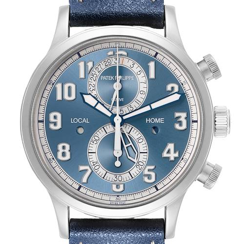 The Patek Philippe Calatrava 5924G-001 Men's White Gold Blue Dial watch is shown from a top-down angle, highlighting the face, dial, and side buttons.