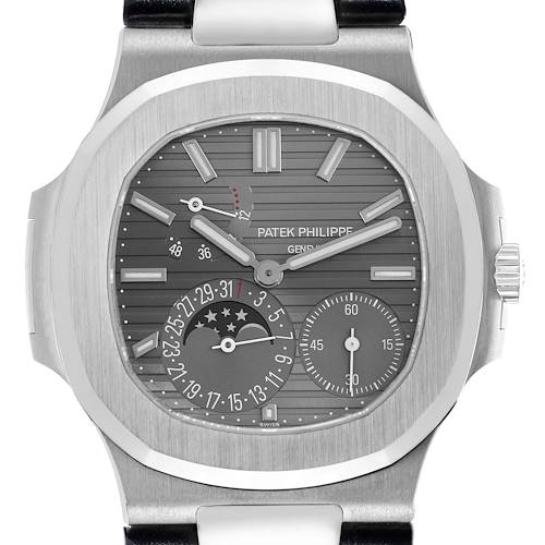The Patek Philippe Nautilus 5712G Men's White Gold Grey Dial watch is shown from a direct front angle, featuring its face, dials, and crown.