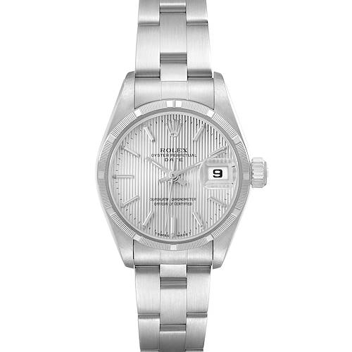 The Rolex Date 69190 Women's Stainless Steel Silver Dial model watch is shown from the front, displaying its dial, bezel, bracelet links, and date display.