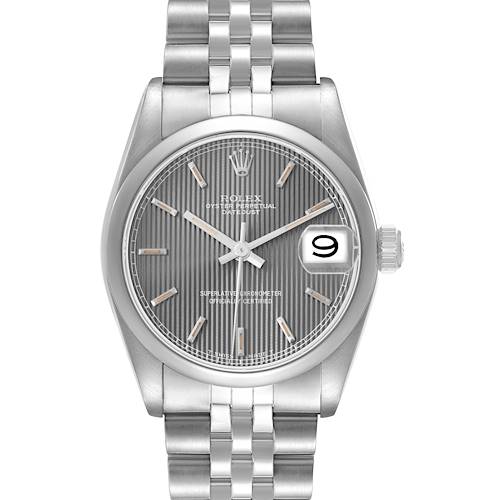 The Rolex Datejust 68240 Women's Stainless Steel Silver Dial watch is shown from a front angle, highlighting its dial, bracelet, and date magnifier.
