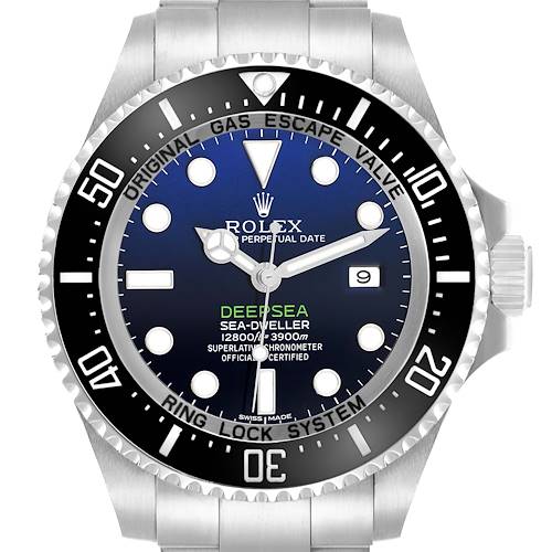 The Rolex Sea-Dweller 116660 Men's Stainless Steel Blue Dial watch is shown from the front, highlighting the dial, bezel, and part of the bracelet.