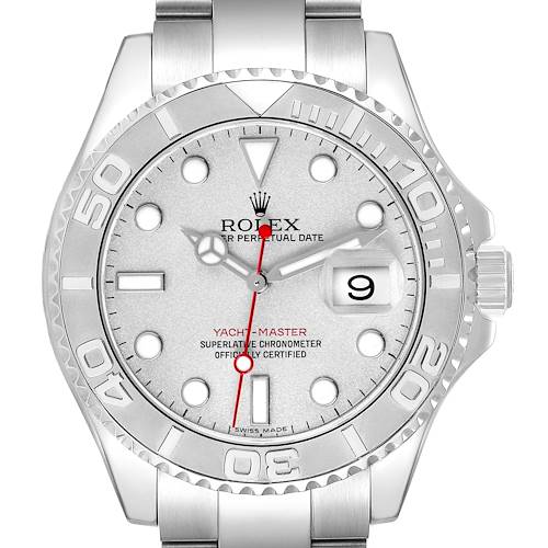 The image shows a front view of a Rolex Yacht-Master 16622 Men's Stainless Steel Silver Dial watch, highlighting its dial, bezel, crown, and bracelet.