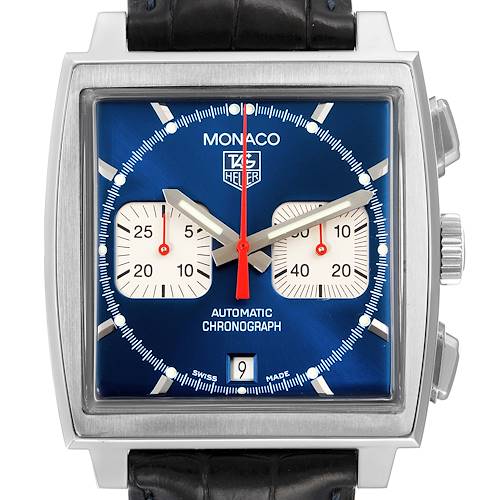 This image shows the front view of a Tag Heuer Monaco CW2113 Men's Stainless Steel Blue Dial CW2113 Men's Stainless Steel Blue Dial watch, highlighting its square case, blue dial, sub-dials, and date window.