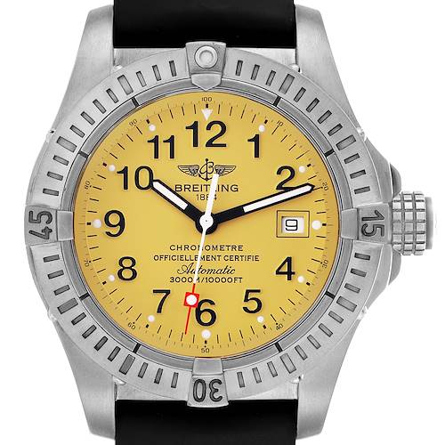 The Breitling Avenger E17370 Men's Titanium Yellow Dial watch is shown from the front, displaying its yellow dial, bezel, hands, hour markers, and date window.