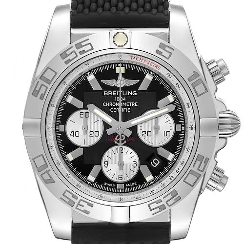 The Breitling Chronomat AB0110 Men's Stainless Steel Black Dial watch is shown from a front angle, highlighting the dial, bezel, and chronograph buttons.
