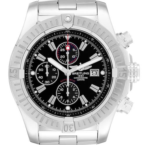 The Breitling Avenger A13370 Men's Stainless Steel Black Dial watch is shown from the front, displaying the dial, bezel, chronograph subdials, and bracelet.