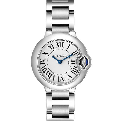 The image shows a front view of the Ballon Bleu by Cartier, displaying the watch face and part of the bracelet.