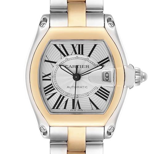 The Cartier Roadster W62031Y4 Men's Steel and Gold (two tone) Silver Dial watch is shown from the front, highlighting its dial, date window, and bezel.