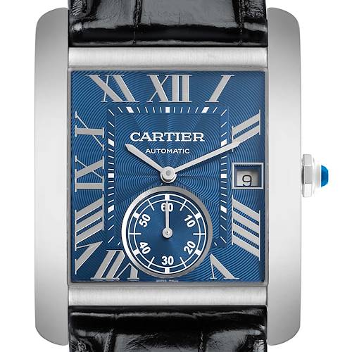 The Cartier Tank MC WSTA0010 Men's Stainless Steel Blue Dial watch is shown from a front angle, highlighting its rectangular face, blue dial, Roman numerals, and date window.