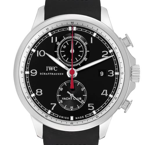 The IWC Portuguese IW390212 Men's Titanium Black Dial watch is shown from a front angle, featuring a black dial, subdials, and silver-tone hands and markers.