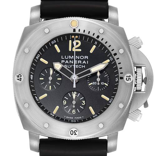 The Panerai Luminor PAM00202 Men's Titanium Black Dial watch is shown from a front angle, highlighting the dial, bezel, crown guard, and pushers.