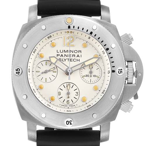 The image shows a front view of the Panerai Submersible PAM00225 Men's Titanium White Dial model, highlighting the dial, bezel, and strap attachment.