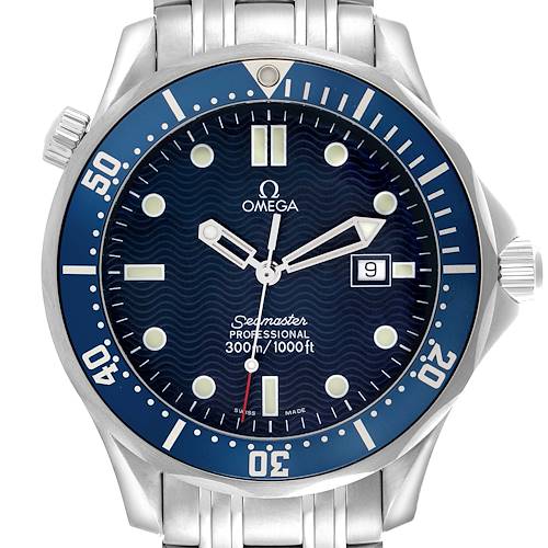 The Omega Seamaster 2541.80.00 Men's Stainless Steel Blue Dial watch is shown from the front, displaying its dial, bezel, hands, and part of the bracelet.