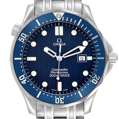 The image shows a frontal view of the Omega Seamaster 2541.80.00 Men's Stainless Steel Blue Dial, highlighting its blue dial, bezel, and date window.