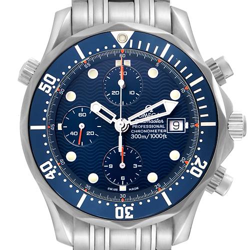 The Omega Seamaster 70878 Men's Stainless Steel Blue Dial watch is shown from a top-down angle, displaying its face, bezel, and part of the bracelet.