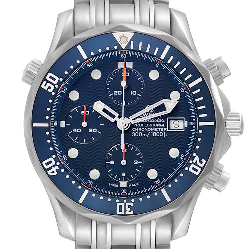 The Omega Seamaster 2599.80.00 Men's Stainless Steel Blue Dial watch is shown in a top-down view, highlighting its dial, bezel, pushers, and crown.