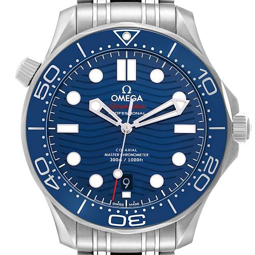 The Omega Seamaster 210.30.42.20.03.001 Men's Stainless Steel Blue Dial watch is shown from the front, displaying its blue dial, bezel, and part of the bracelet.