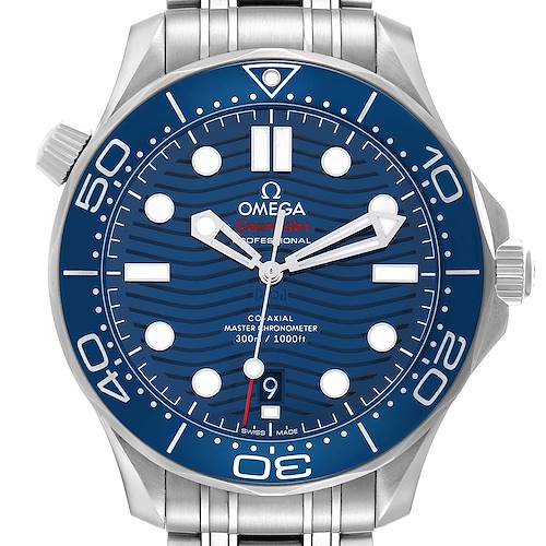 This image shows a frontal view of the Omega Seamaster 210.30.42.20.03.001 Men's Stainless Steel Blue Dial watch, highlighting the dial, bezel, and case.