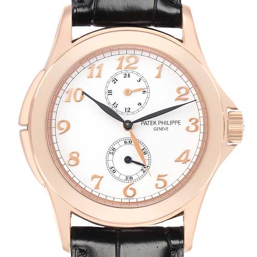 The image shows a front view of a Patek Philippe Calatrava 5134R Men's Rose Gold White Dial watch, highlighting the dial, hands, and strap attachment.