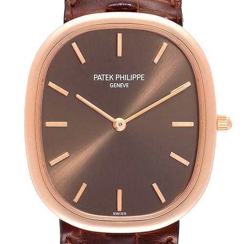 This is a close-up shot of the Patek Philippe Golden Ellipse 3738/100R-001 Men's Rose Gold Brown Dial 3738/100R-001 Men's Rose Gold Brown Dial watch, showing the dial, hands, and part of the strap.