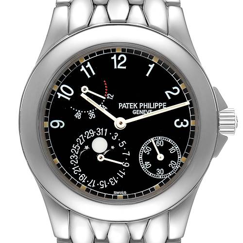 This image shows a front view of the Patek Philippe Neptune 5085A/1A-001 Men's Stainless Steel Black Dial 5085A/1A-001 Men's Stainless Steel Black Dial model watch, highlighting its face and metal bracelet.