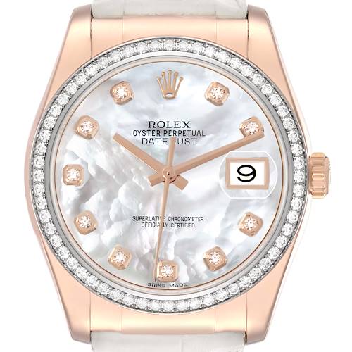 The Rolex Datejust 116185 Men's Rose Gold Mother of Pearl Dial watch is shown from a front view, highlighting the face, bezel with diamonds, and crown.
