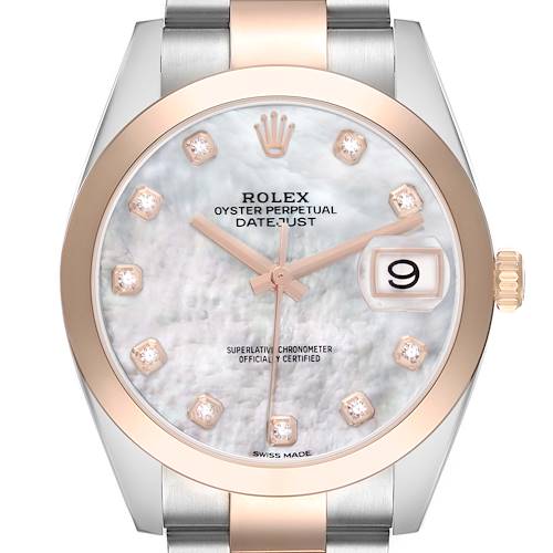 The image shows a Rolex Datejust 41 126301 Men's Steel and Gold (two tone) Mother of Pearl Dial watch face, highlighting its mother-of-pearl dial, diamond markers, and date window at 3 o'clock.