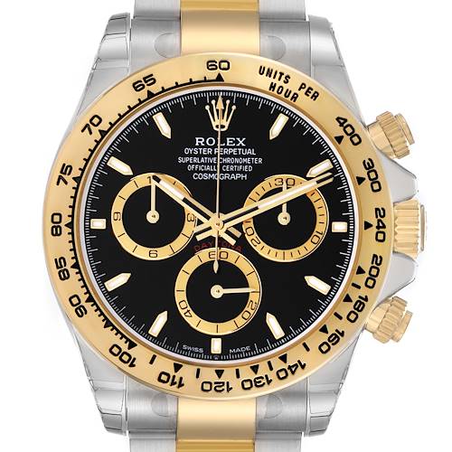 The Rolex Daytona 126503 Men's Steel and Gold (two tone) Black Dial watch is shown from the front, highlighting the black dial, gold bezel, and chronograph sub-dials.