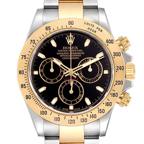 This image shows a front view of a Rolex Daytona 116523 Men's Steel and Gold (two tone) Black Dial 116523 Men's Steel and Gold (two tone) Black Dial watch displaying its bezel, dial, and subdials.