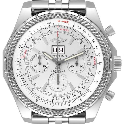 The image shows a Breitling Bentley A44362 Men's Stainless Steel Silver Dial A44362 Men's Stainless Steel Silver Dial watch face with a tachymeter, three subdials, and a stainless steel bracelet from a frontal angle.